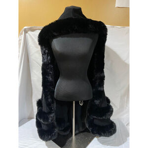 Black Faux Fur Trim Poncho Cape with Cashmere look Feel One Size